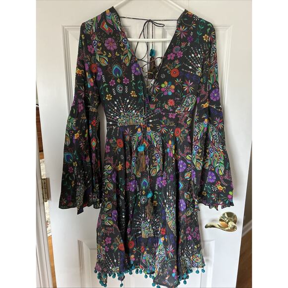 Matthew Williamson Silk Dress laceup with tassel hem bell long slv bright New 4 - Picture 1 of 16
